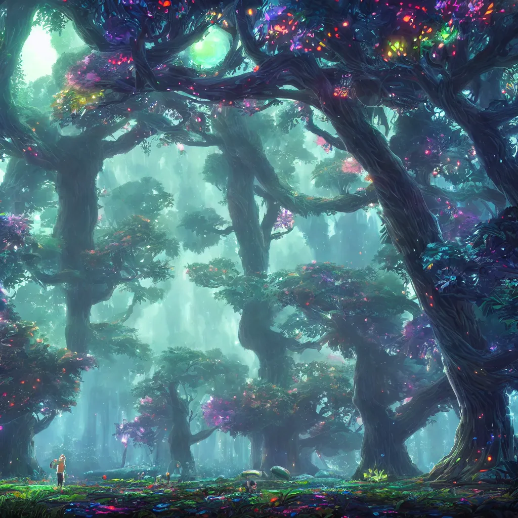Prompt: huge trees, misty nighttime. radiating colorful energy. photorealistic, moody atmosphere, volumetric shading, holographic undertones, intricate and detailed, highly saturated colors. ori and the blind forest, breath of the wild style, studio ghibli!!!. trending on artstation. award winning, awe inspiring, daily deivation