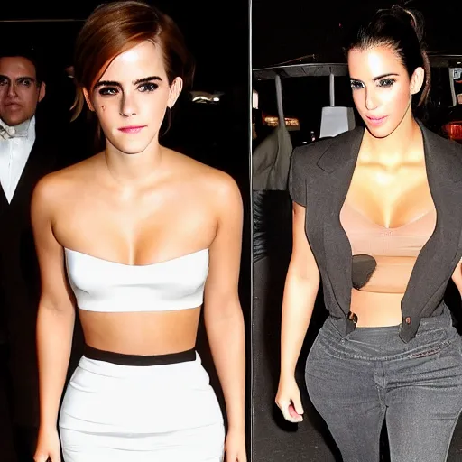 Image similar to emma watson mixed with kim kardashian, full - figure profile shot