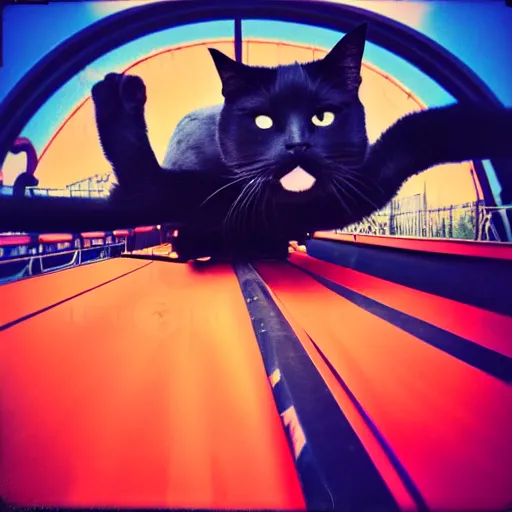 Image similar to happy black cat on a rollercoaster looping. focus on the cat. sunlight. polaroid photo. vivid colors.