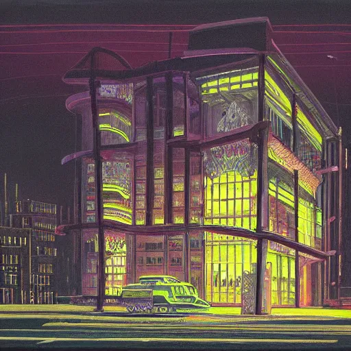 Prompt: painting of a scifi ancient civilzation victorian, brutalist architecture with neon lit sign, william eggleston