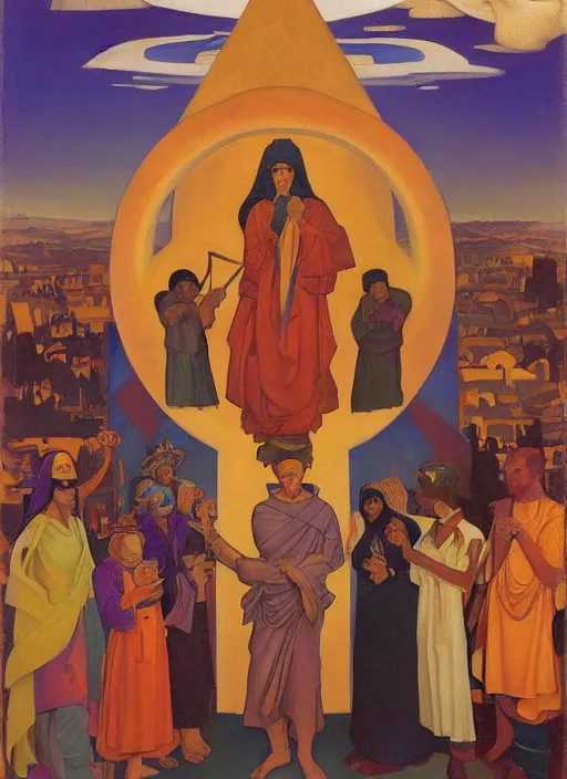 Image similar to transcendental adoration of the magi, occult rune symbolism epic surrealism 8k oil painting, portrait, perspective, high definition, cinematic, post modernist layering, by Nicholas Roerich, Annie Swynmerton, Diego Rivera, John William Godward