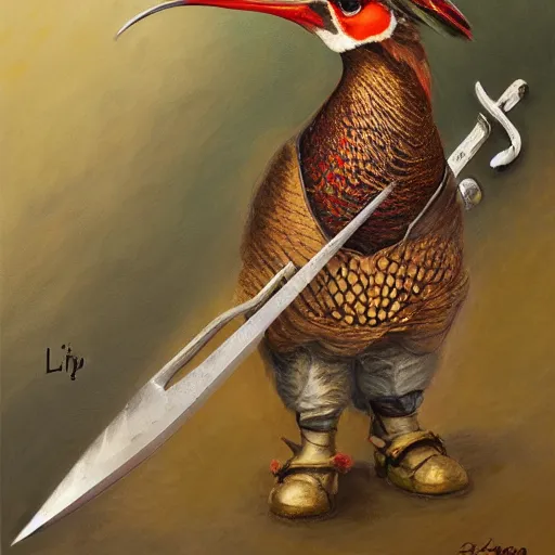 Prompt: Pheasant with sword on the belt, by lily seika jones , rivuletpaper art, very detailed, oil painting, harsh fairy tale, soft style, beautiful, high resolution, trending on artstation, steps 50