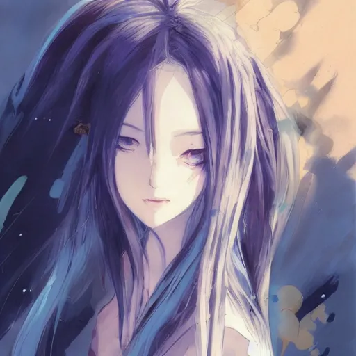 an anime character girl with long white hair and blue