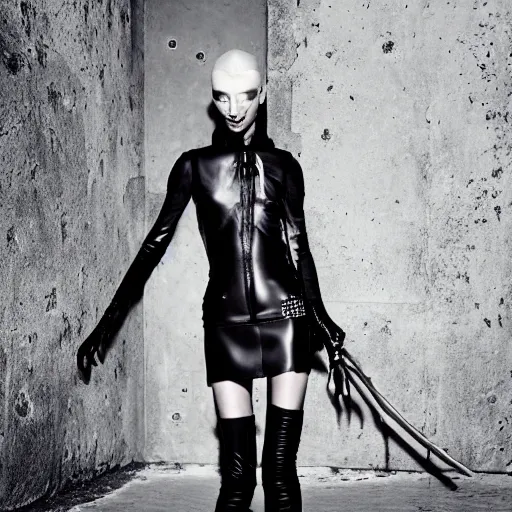 Image similar to fashion photography of an extraterrestrial model, holding a leather whip, wearing demobaza fashion, inside berghain, berlin fashion, harness, futuristic fashion, dark minimal outfit, photo 3 5 mm leica, hyperdetail, berghain, 8 k, very detailed, photo by nick knight