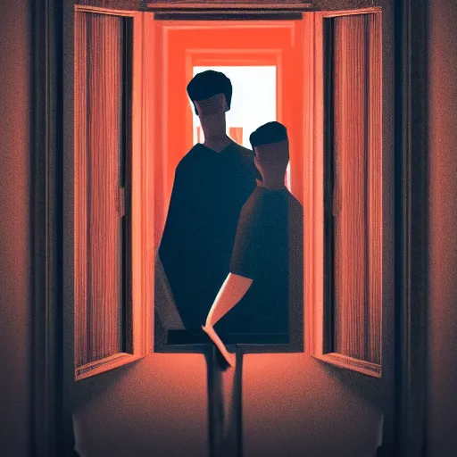 Image similar to poster for a short dramatic film called'liminal'about 4 young male roommates that discover a hidden tiny door in their apartment. the poster follows the concept of liminality. movie poster, advertisement, high detail, sharp, trending on artstation