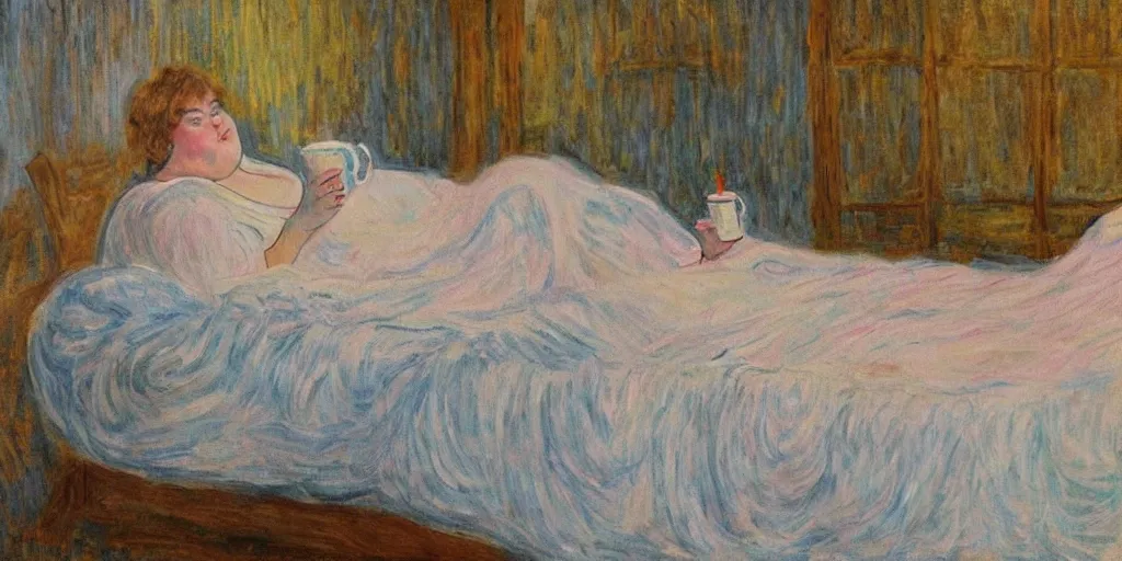 Image similar to a beautiful painting of a beautiful fat woman in a nightgown drinking coffee in a bed with white sheets in the style of in the style of Monet, safe for work