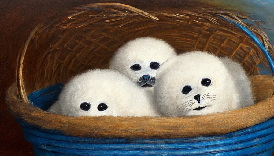 Prompt: highly detailed painting of cute furry white baby seals cuddled up in a basket by william turner, thick brush strokes and visible paint layers, 4 k resolution, blue and white colour scheme