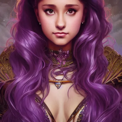 Prompt: Ariana Grande with long purple hair, D&D, fantasy, intricate, cinematic lighting, highly detailed, digital painting, artstation, concept art, smooth, sharp focus, illustration, art by Artgerm and Greg Rutkowski and Alphonse Mucha