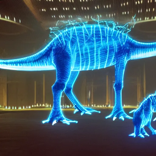 Image similar to electric blue scaled glowing baby dinosaurs in tron movie, cinestill