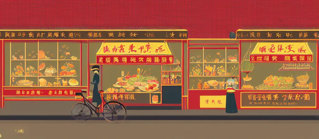 Prompt: a beautiful simple 4 k hd illustration of interior view display of the corner of street side roasted string hotpot small shop, simple style, from china, with merchant logo, simple structure, surrealistic, chinese style, victo ngai, james jean, denoise, deblurring