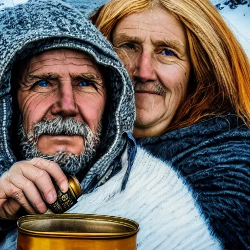 Image similar to a highly detailed portrait of a couple holding a tin can, remote icelandic village, blonde hair, trending on artstation,