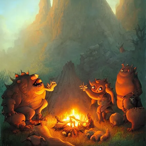 Image similar to monsters around a campfire by justin gerard, deviantart