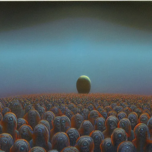 Prompt: gathering of aliens from all over the galaxy by Zdzisław Beksiński, oil on canvas