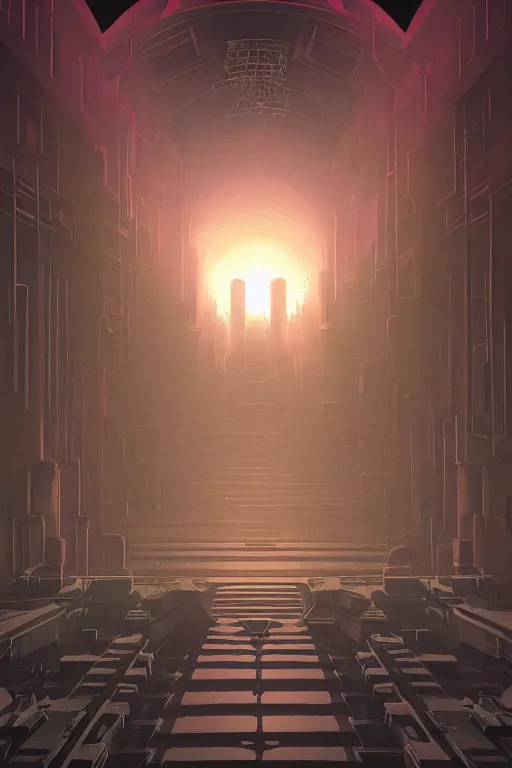 Image similar to Artwork by Beeple of the cinematic view of the Hall of Iron Agony, Infernal, Writings.