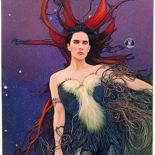 Image similar to jennifer connelly as dark swan queen, black feathers instead of hair, feathers growing out of skin, moulting, suspended in zero gravity, on spaceship with cables hanging down, highly detailed, mike mignogna, ron cobb, mucha, oil painting