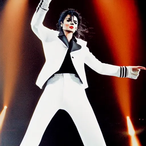 Image similar to thin!!! michael jackson with thin!!! face!!!!!, standing on stage live at the indoor o 2 arena wearing a sparkling white diamond outfit with large thin shoulder pads!!!!! doing a concert, multiple flashing lights and colorful spotlights, beautiful photography, cinematic, award - winning photo, highly detailed, this is it