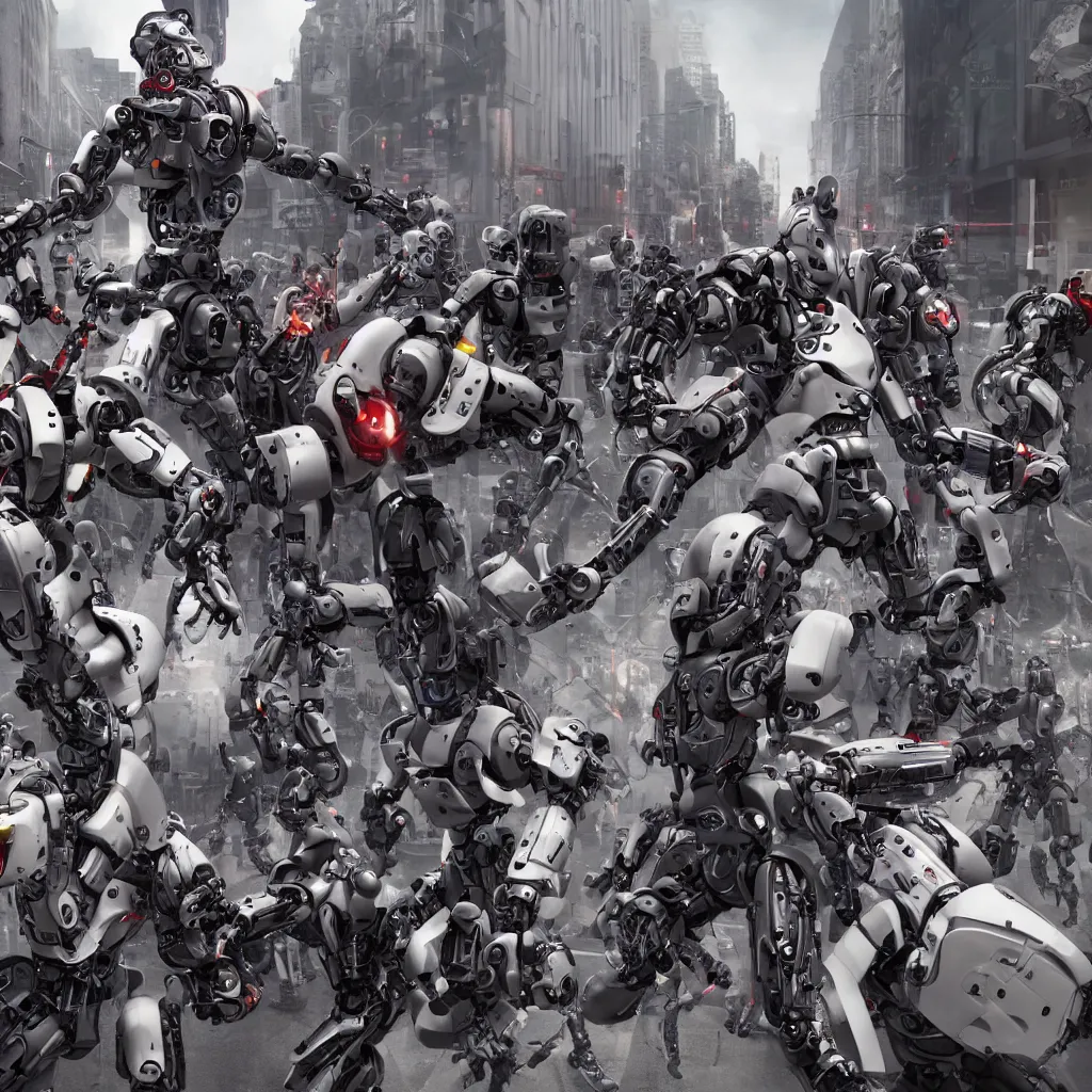 Image similar to robotic rebellion, cyborgs raise against humans in the streets, ocfane render, photo realistic, hyper realistic, 8 k resolution