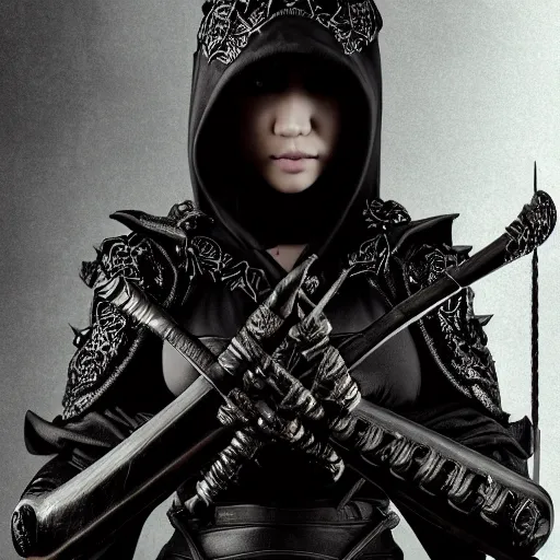 Image similar to character portrait of female hooded ninja thief beetle - rider, battle hardened imposing noble bearing, partially cloaked and hooded in thick black fabrics - exquisitely detailed weaponry and ornate staff, battle armor, dark forest fantasy atmosphere. dramatic lighting, digital painting, intricate, beautiful, rich deep colors masterpiece, sharp focus, ultra detailed