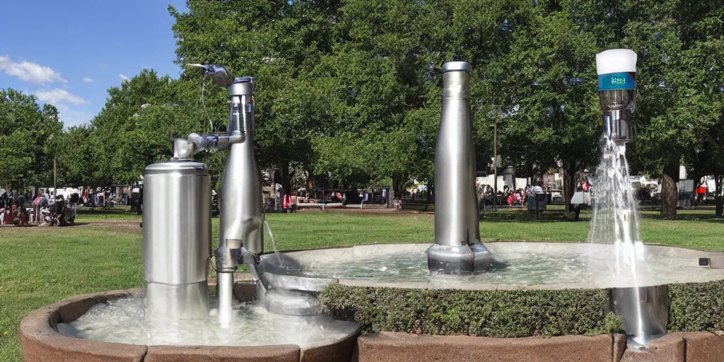 Prompt: a beer fountain in a park, wide angle