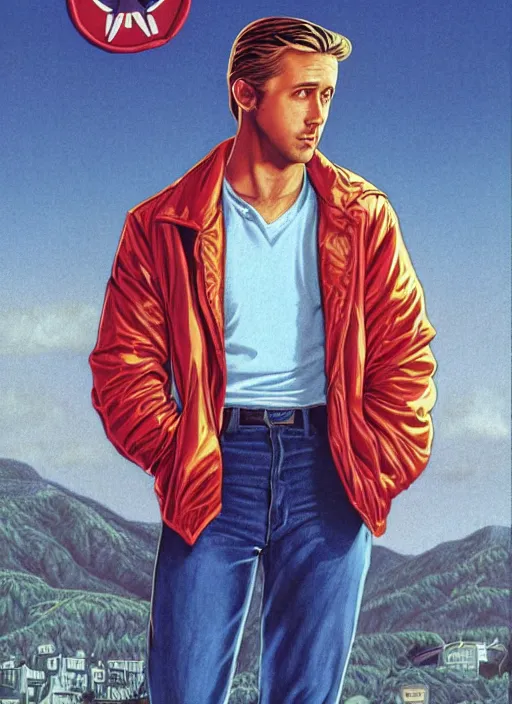 Image similar to ryan gosling in letterman jacket, twin peaks poster art, by michael whelan, rossetti bouguereau, artgerm, retro, nostalgic, old fashioned, 1 9 8 0 s teen horror novel cover, book