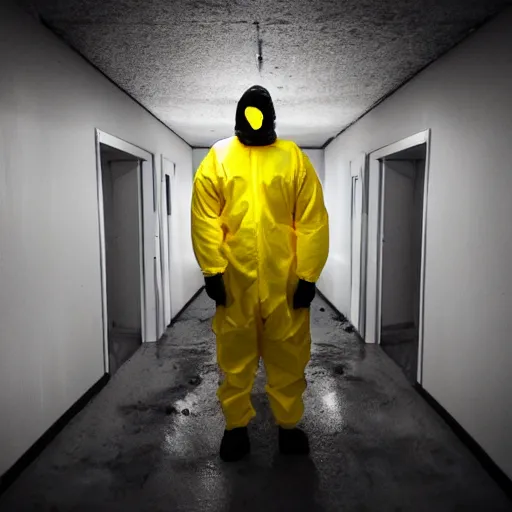 Prompt: a man wearing a yellow hazmat suit inside the very dark empty unsettling creepy backrooms, liminal space, flickering fluorescent lights, eerie mood