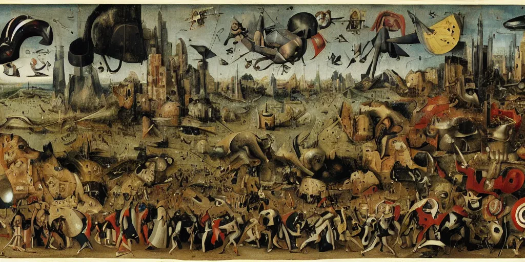 Prompt: Final scene of the Avengers movie with the battle between the Avengers and the Chitauri in New York by Hieronymus Bosch