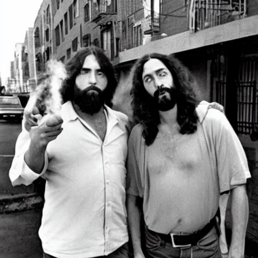 Image similar to photo of jesus and moses smoking weed in the bronx circa 1 9 7 8