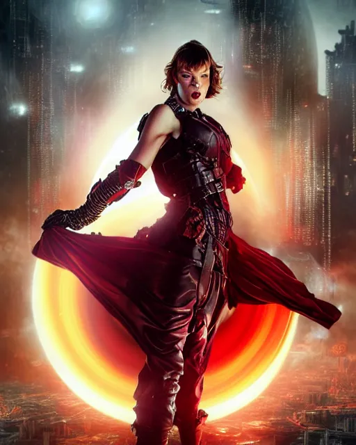 Image similar to Milla Jovovich surrounded by a red force field bubble and levitating high in the air above a destroyed dystopian city by night, shot from behind, ultra-wide angle, D&D, fantasy, intricate, elegant, highly detailed, digital painting, artstation, concept art, matte, sharp focus, illustration, hearthstone, art by Artgerm and Greg Rutkowski and Alphonse Mucha