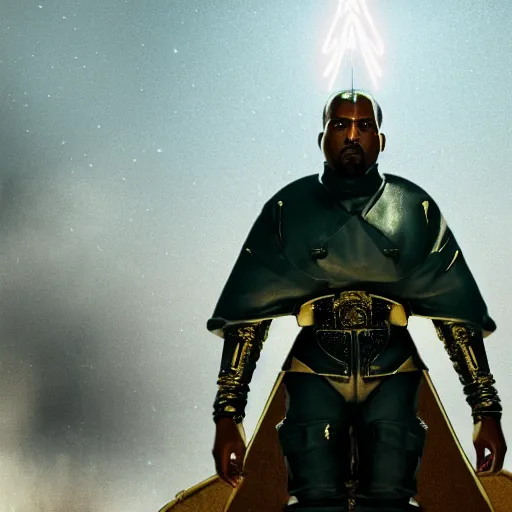 Image similar to Kanye West as Emperor Napoleon in Fallout New Vegas, splash art, movie still, cinematic lighting, dramatic, octane render, long lens, shallow depth of field, bokeh, anamorphic lens flare, 8k, hyper detailed, 35mm film grain