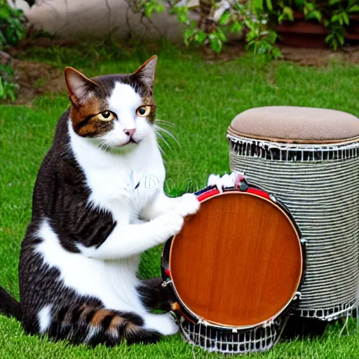 Prompt: a cat playing the bongos, stock photo