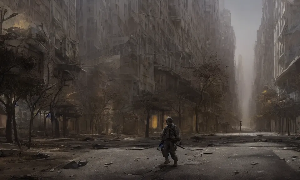 Prompt: Futuristic matte painting of a US soldier walking through an abandoned San Francisco, World War 2, volumetric light scattering, highly detailed, digital art, Andreas Rocha, Greg Rutkowski, Darek Zabrocki, ArtStation, CGSociety, Unreal Engine, 4K, 8K