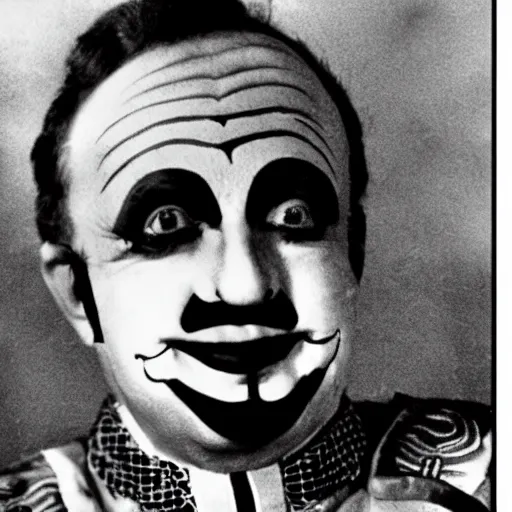 Image similar to old black and white photograph of francisco franco dressed as a clown getting off a spaceship