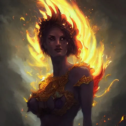 Prompt: A beautiful painting of a flame goddess by Andrews Esao, fantasy, Trending on artstation.