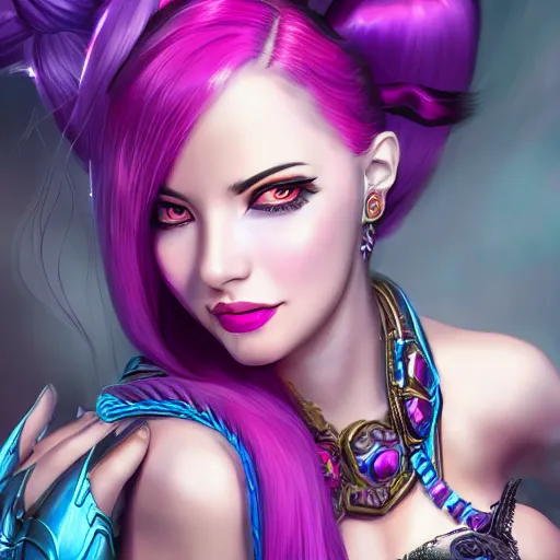 Image similar to portrait of Jinx from League of Legends, high resolution fantasy concept art, realistic, intricate details, soft lighting