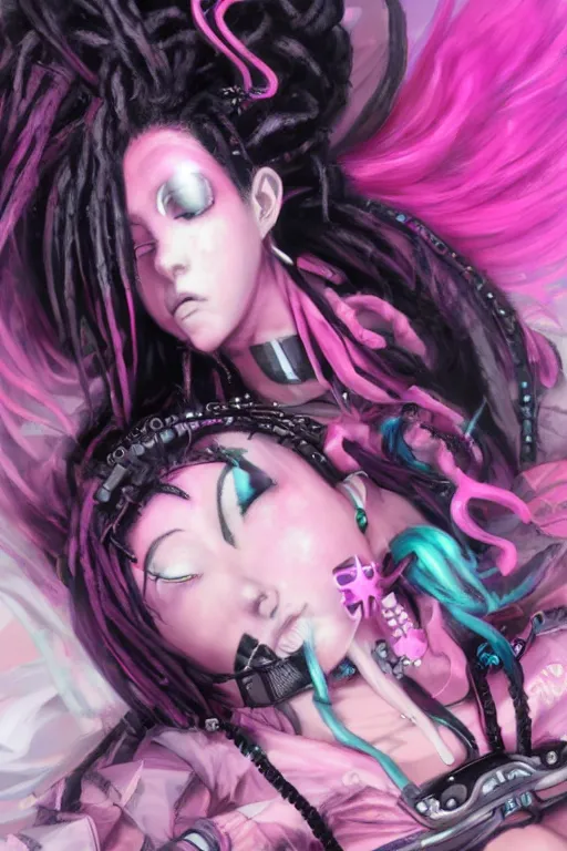 Prompt: portrait of an cybergoth girl with pink and black dreads laying on the floor of her room on ipad, manga, manga art, manga character concept art, artgerm, tom bagshaw, gerald brom, vaporwave colors, lo fi colors, vaporwave, lo fi, 4 k, hd, smooth,