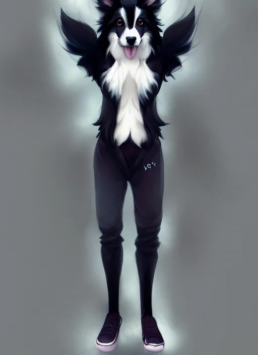 Image similar to wide angle beautiful full body portrait of a cute male anthropomorphic anthro border collie fursona wearing a tracksuit in a dark city, character design by charlie bowater, henry asencio, and ross tran, furry art, furaffinity, beautiful, glamor pose, detailed, aesthetic, trending on artstation