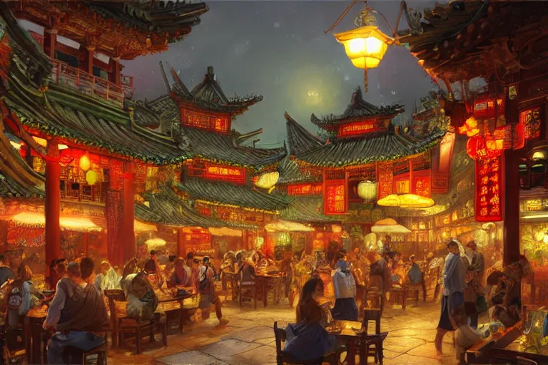 Prompt: fantasy art of a bustling tavern in china, at night, by ralph horsley, highly detailed digital art, trending on artstation