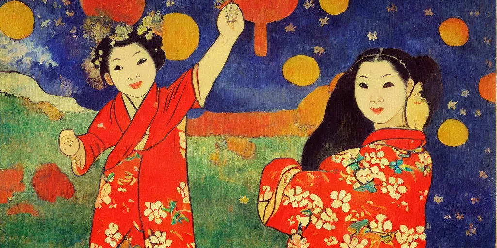 Prompt: a painting of a girl in a yukata pointing at fireworks, gauguin style