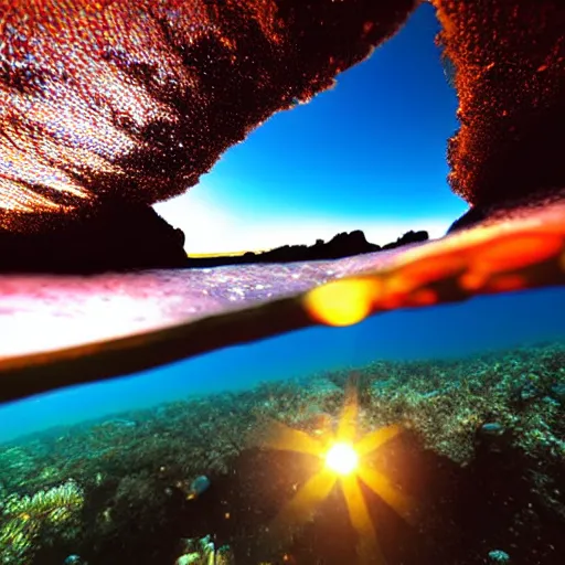 Prompt: the sunrise as viewed from the bottom of the ocean, under water