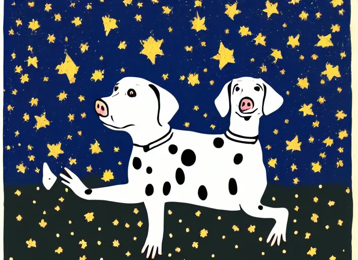 Prompt: portrait of a dalmatian piglet surrounded by stars. silkscreen painting on paper