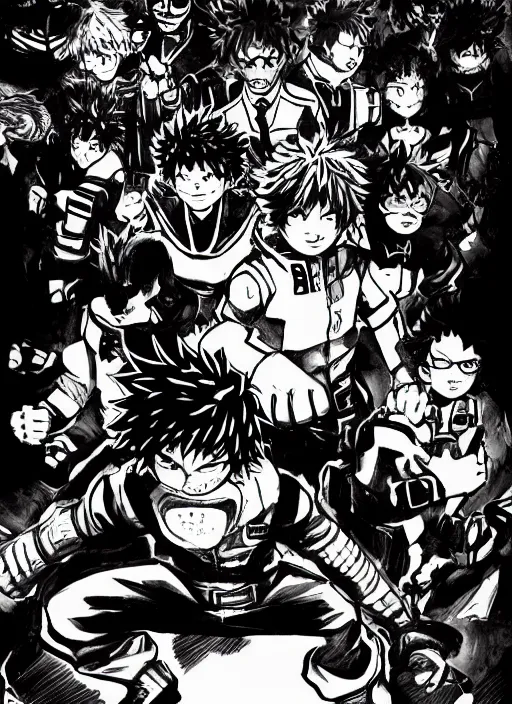 Image similar to My Hero Academia manga page showing the end of the series, dark colors, sinister atmosphere, dramatic lighting, cinematic, establishing shot, extremely high detail, photo realistic, cinematic lighting, pen and ink, intricate line drawings, by Kohei Horikoshi, post processed, concept art, artstation, matte painting