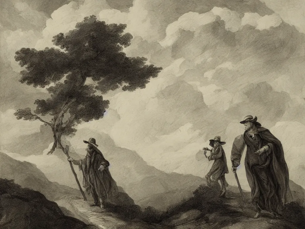 Image similar to a man in a grey cloak and brimmed hat with a staff travelling trough the forest and mountains looking at the clouds in the style of neo-romanticism