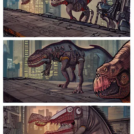 Image similar to intricate detailed full-page comic book cover illustration of a cyborg punk street kid with a pet dinosaur, no speech bubbles, cyberpunk