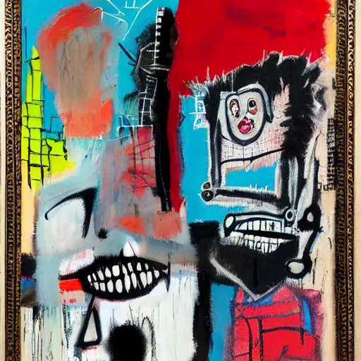 Prompt: mad dog on a chain, collage, acrylic on canvas, expressionism movement, breathtaking detailed, basquiat mixed with blake neubert