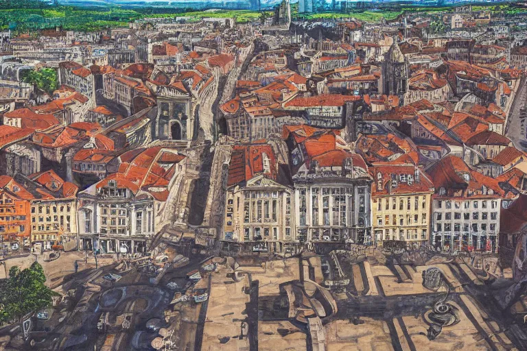 Prompt: drone view of an old european city, hyperrealism painting, wide angle, very detailed, high resolution