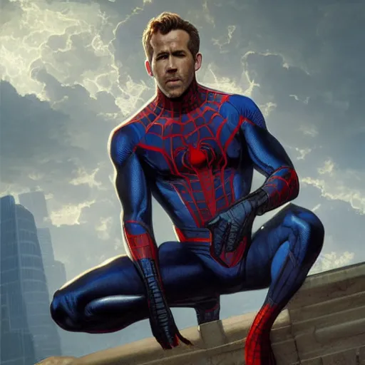 Image similar to ryan reynolds as a black and blue suit spider - man, cinematic, volumetric lighting, f 8 aperture, cinematic eastman 5 3 8 4 film, photorealistic by greg rutkowski, by stanley artgerm, by alphonse mucha