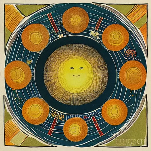 Image similar to A beautiful collage of the sun. The sun is depicted as a large ball in the center of the piece, with rays of light emanating out from it in all directions. by Kate Greenaway