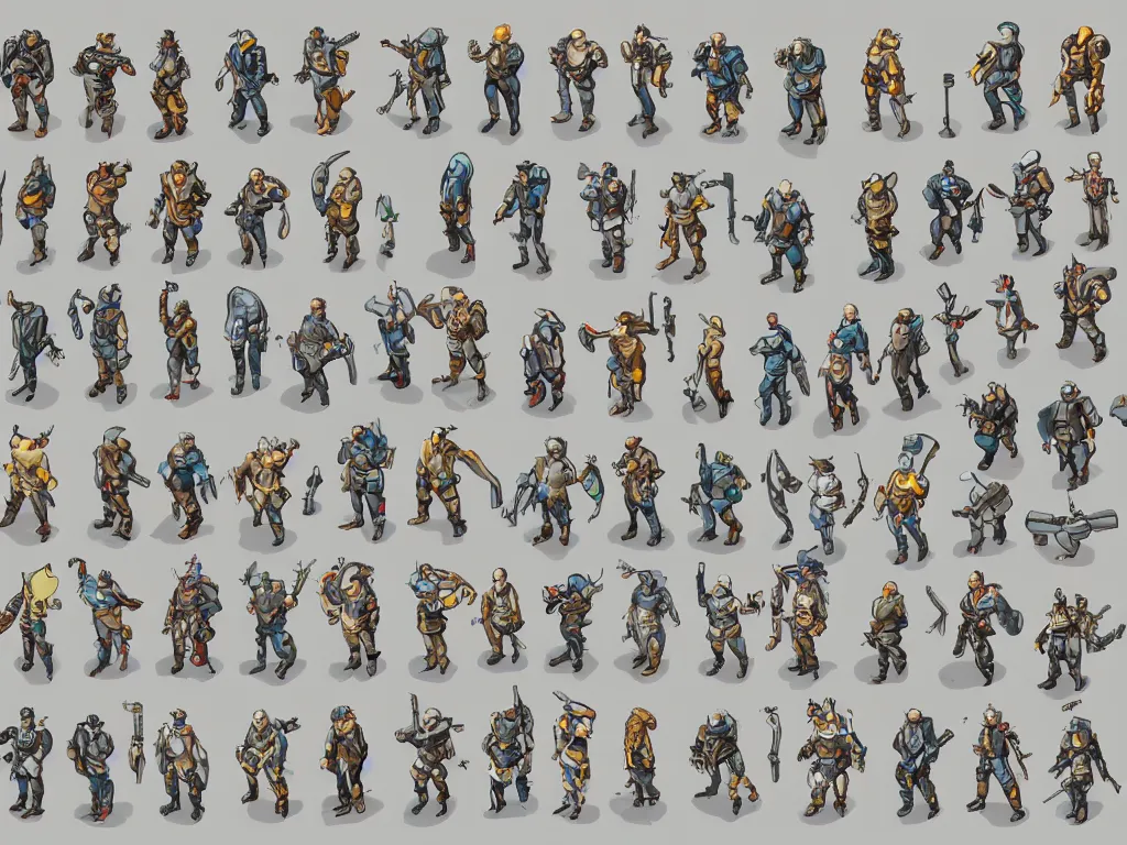 Prompt: isometric character sprite sheet. small character sheet! characters! fallout npc, power armor! rotated right front, in gouache detailed paintings, props, stylized, 2 d asset sheet, kitbash, arcane, overwatch, 8 k, close up, white background