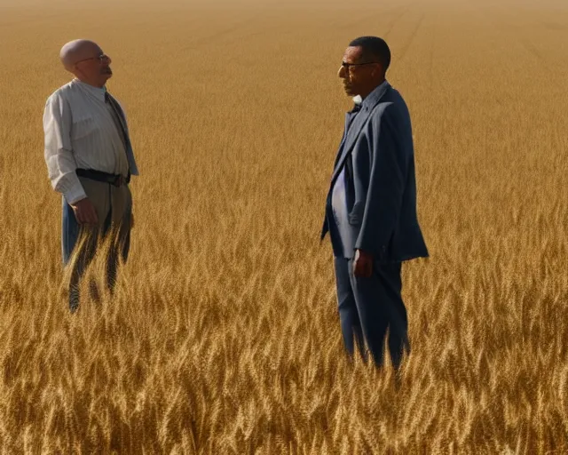 Prompt: extreme long shot of walter white and gustavo fring stand facing each other from a distance in a wheat field, low angle, side view, 3 5 mm photograph, 8 k resolution, wide shot, sharp lens