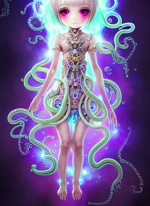 Image similar to A full body shot of a cute young magical girl wearing an ornate dress made of opals and tentacles. Chibi Monster GIrl. Subsurface Scattering. Dynamic Pose. Translucent Skin. Rainbow palette. defined facial features, symmetrical facial features. Opalescent surface. Soft Lighting. beautiful lighting. By Giger and Ruan Jia and Artgerm and WLOP and William-Adolphe Bouguereau. Photo real. Hyper-real. Fantasy Illustration. Sailor Moon hair. Masterpiece. trending on artstation, featured on pixiv, award winning, cinematic composition, dramatic pose, sharp, details, Hyper-detailed, HD, HDR, 4K, 8K.
